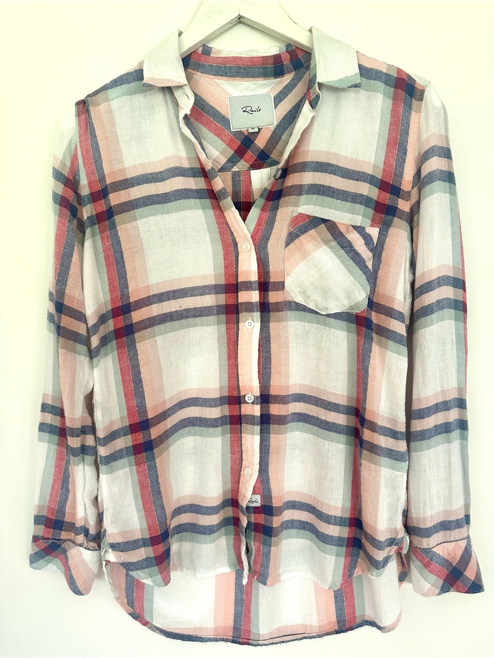 Rails Charli Linen Blend Plaid Shirt White Melon Sage XS